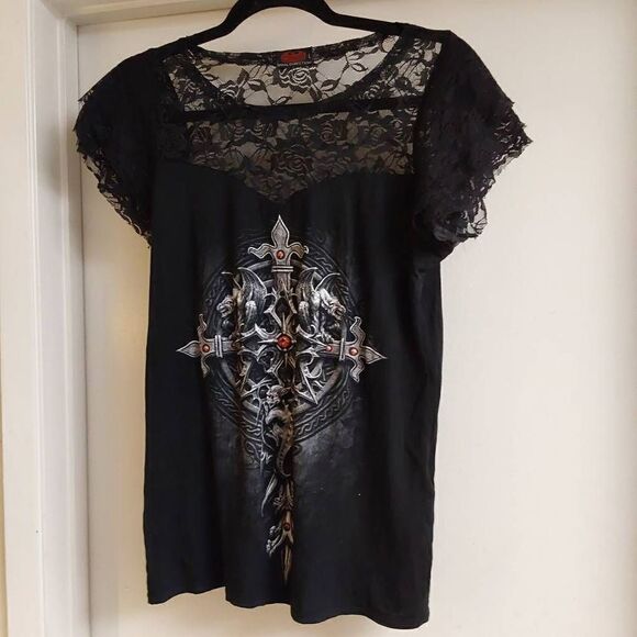 NWOT~Spiral Black Lace Cross Design Short S!eeve Top Sz Large - Picture 1 of 2